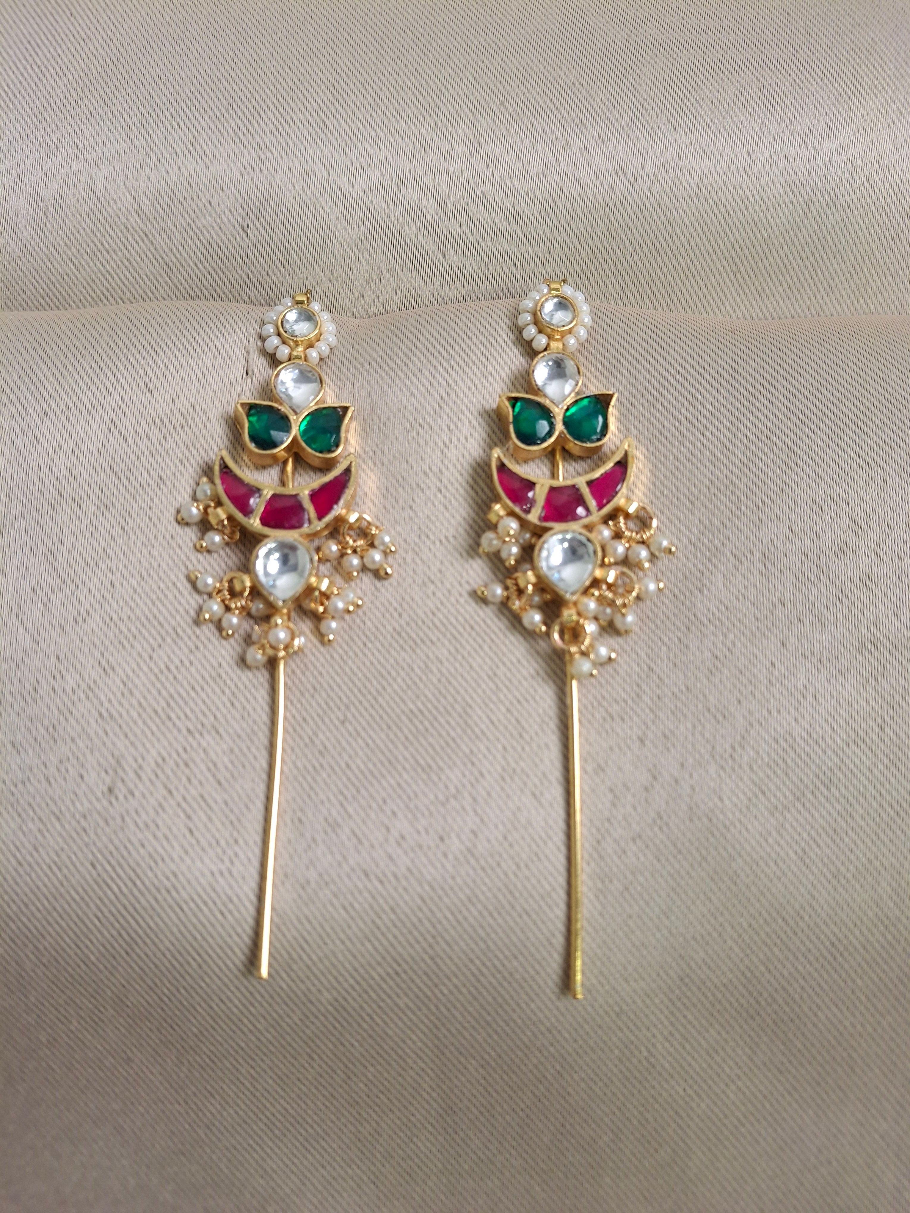 Kundan Long Drop Earcuffs with Green & Red Stones