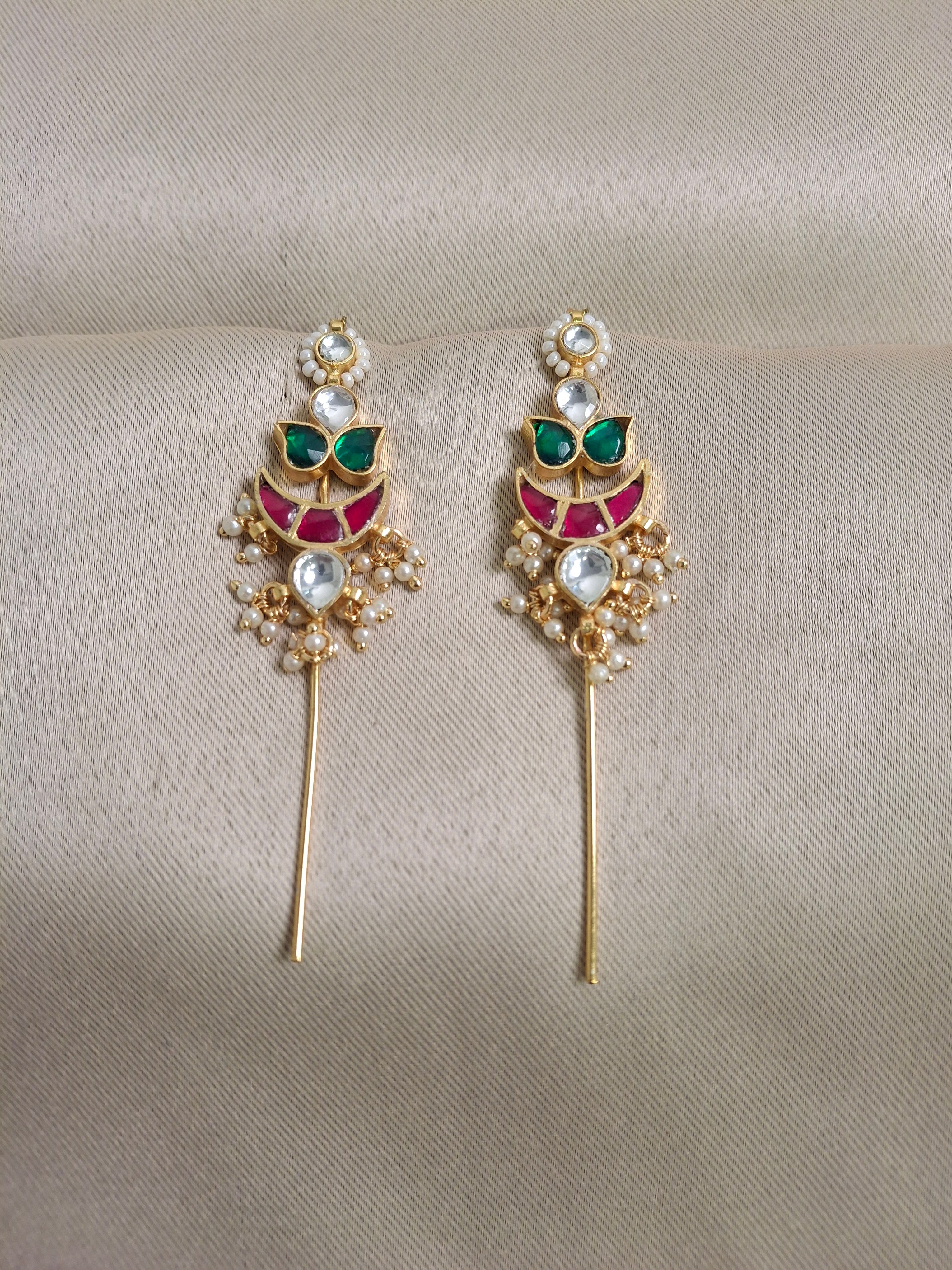 Kundan Long Drop Earcuffs with Green & Red Stones