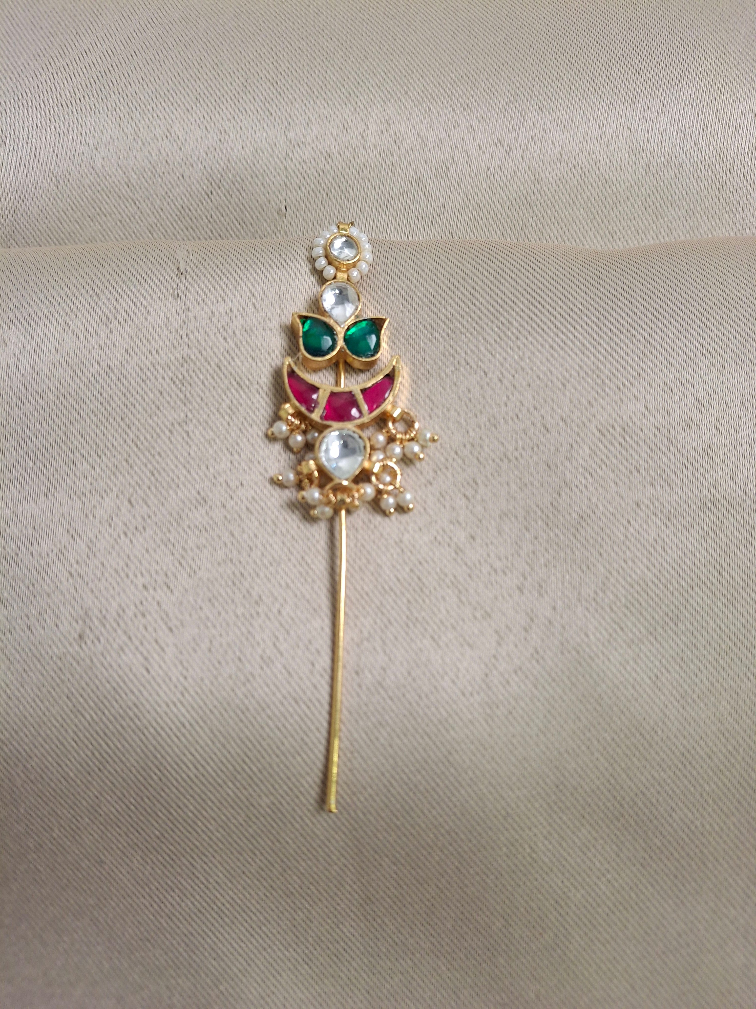 Kundan Long Drop Earcuffs with Green & Red Stones