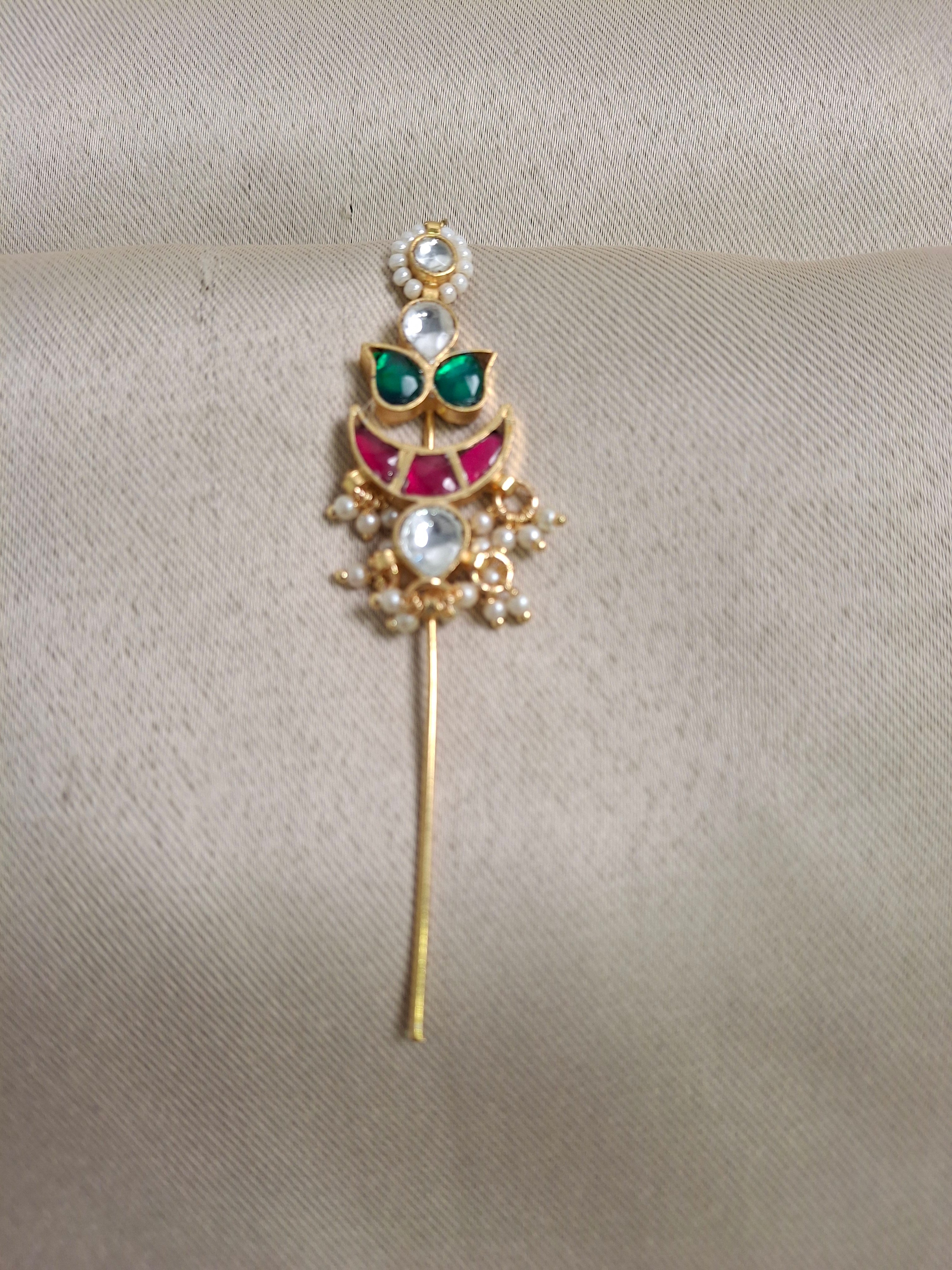 Kundan Long Drop Earcuffs with Green & Red Stones