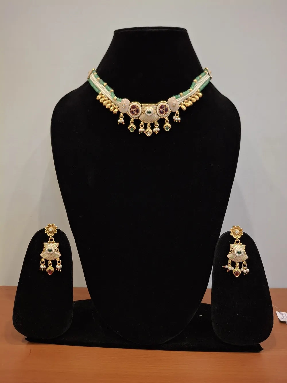 Classic Meenakari Kundan Necklace Set with Green Beads & Pearls