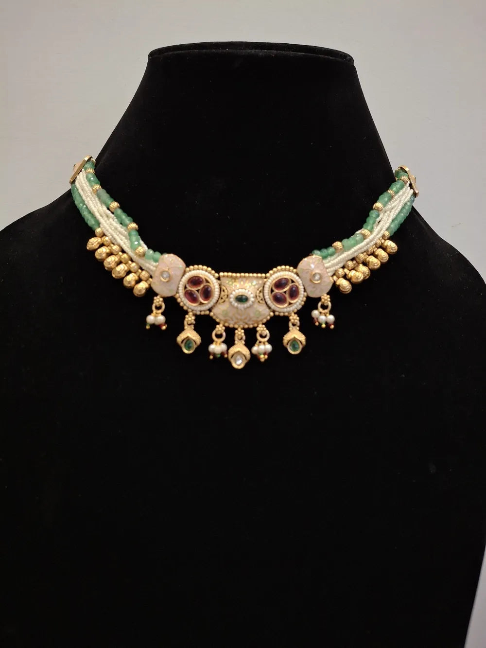 Classic Meenakari Kundan Necklace Set with Green Beads & Pearls