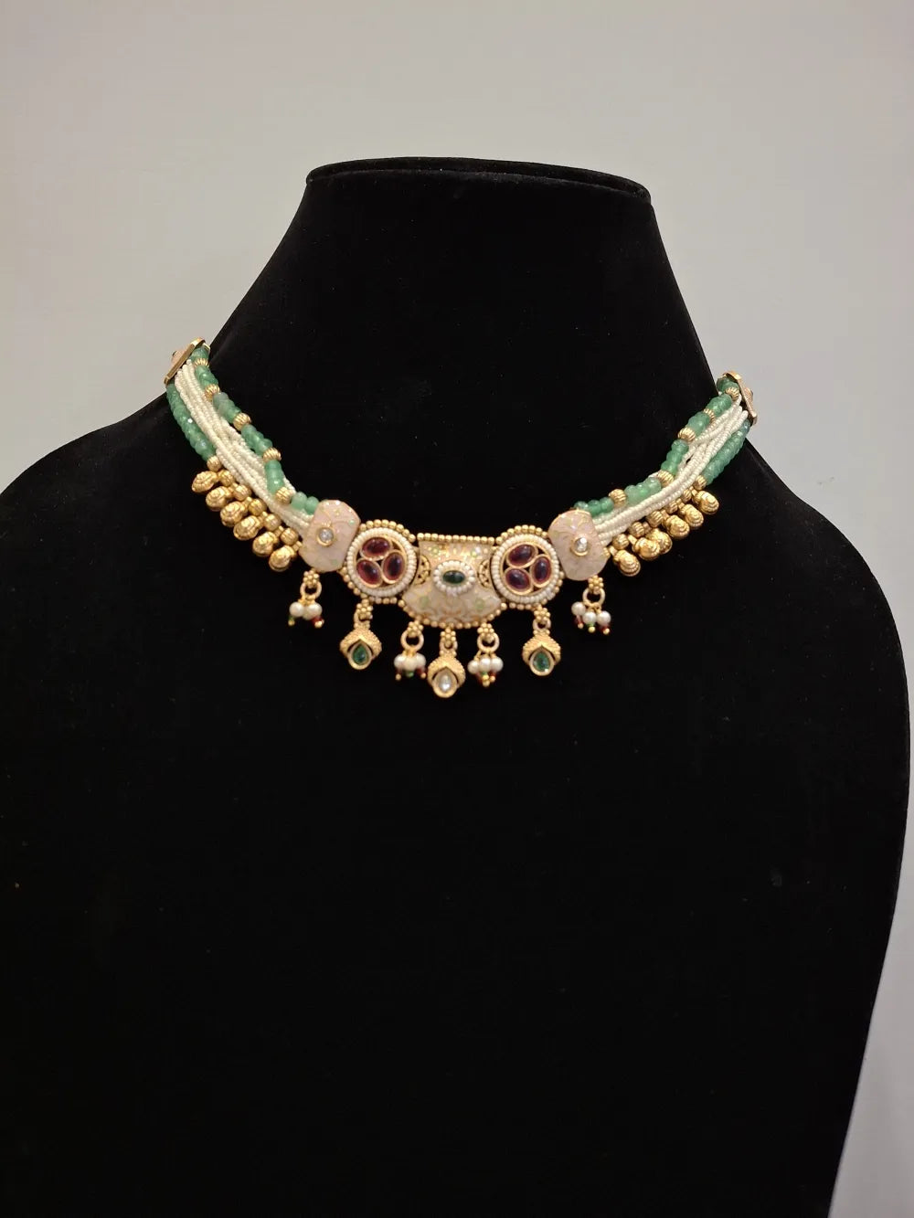 Classic Meenakari Kundan Necklace Set with Green Beads & Pearls