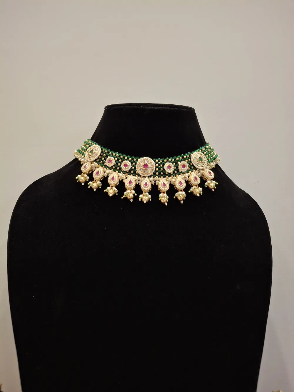 Kundan Meenakari Choker Necklace Set with Green Beads & Pearls