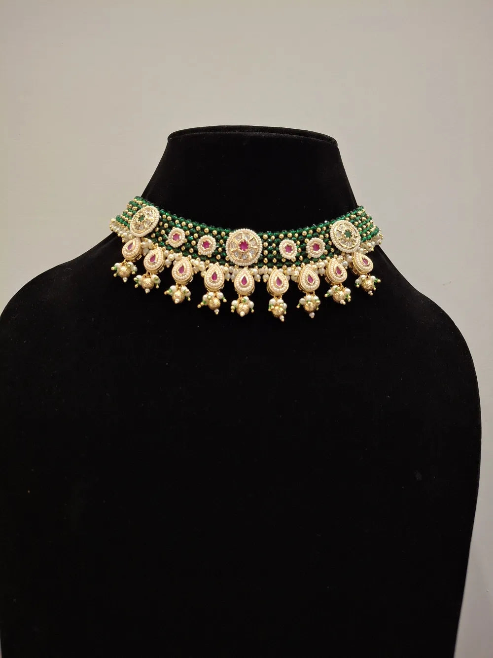 Kundan Meenakari Choker Necklace Set with Green Beads & Pearls