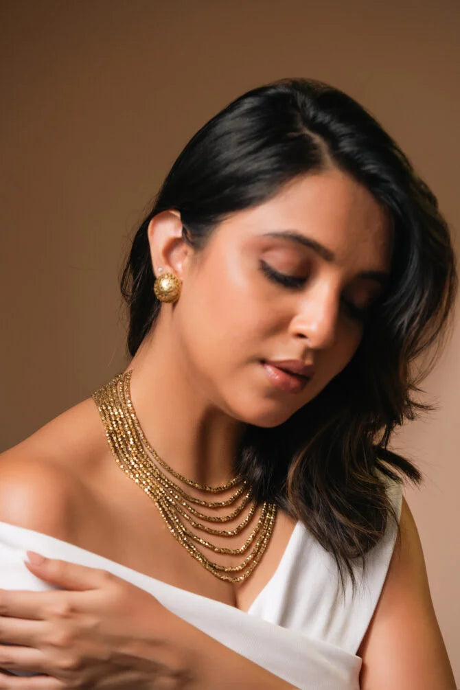 Ruhi Combo – Brass Bracelet, Stud Earrings & 7 Layer Necklace