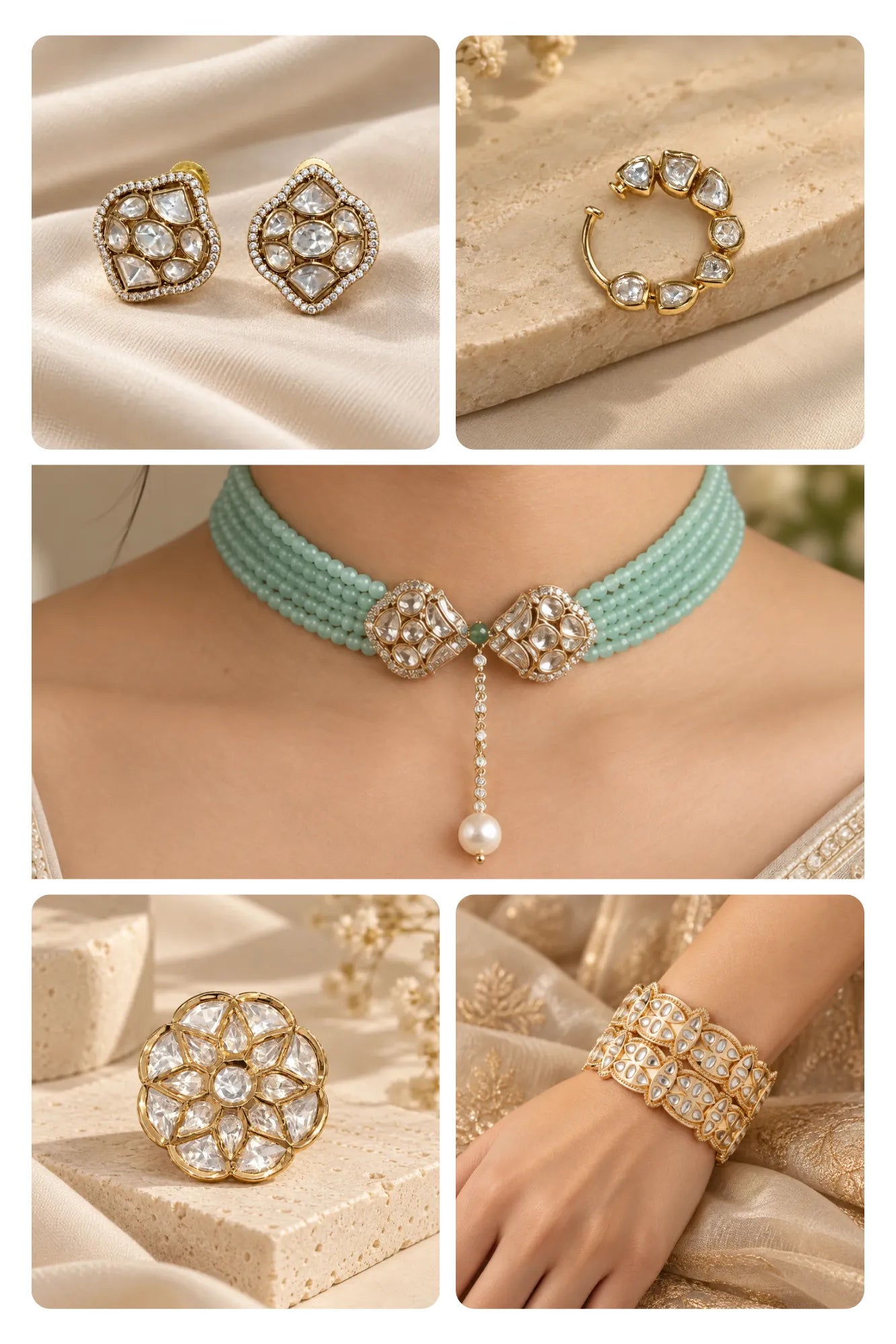 Pastel Mint Combo of 5 – Choker, Studs, Nose Ring, Ring & Bangles