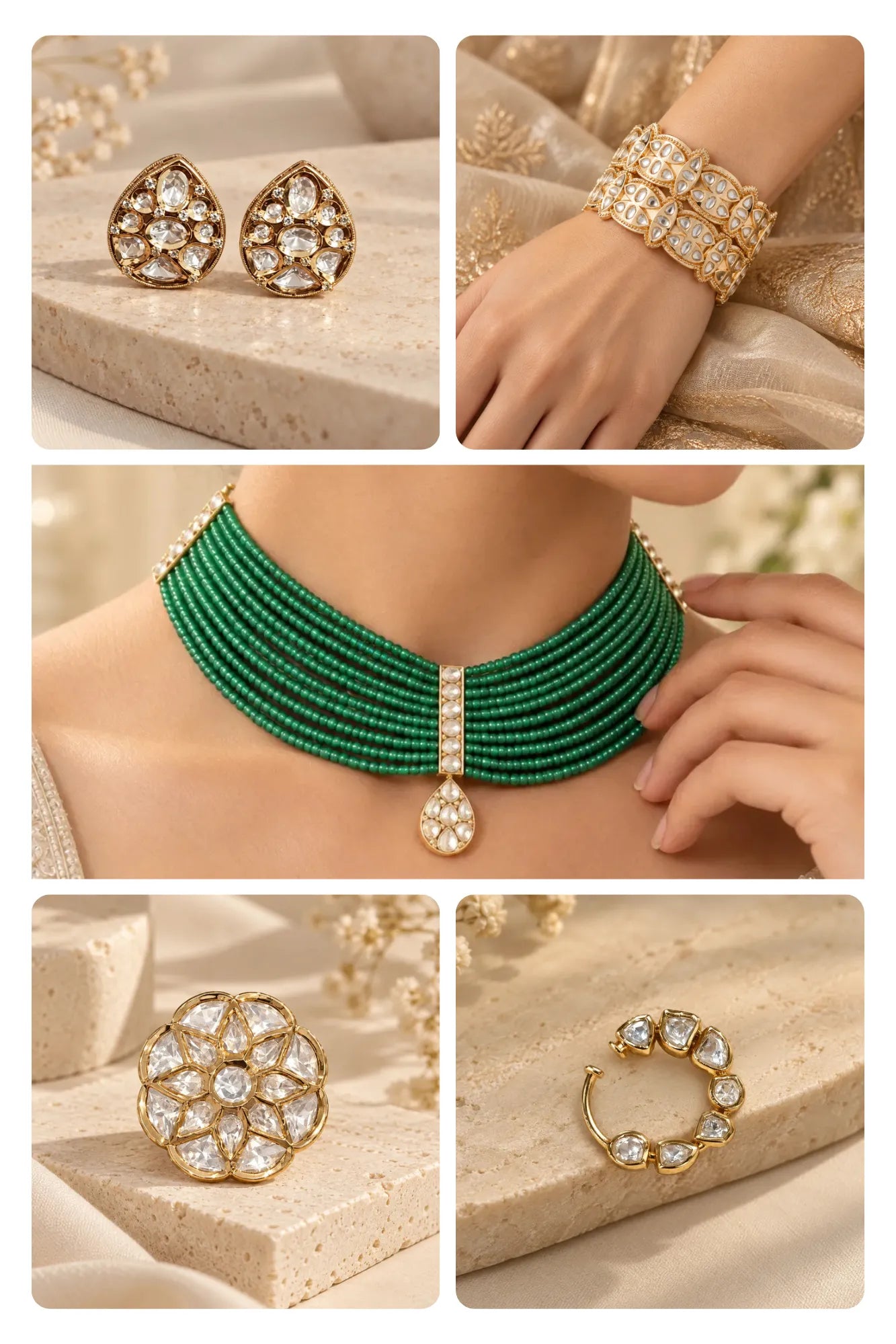 Bottle Green Cascade Combo of 5 – Necklace, Studs, Nose Ring, Ring & Bangles