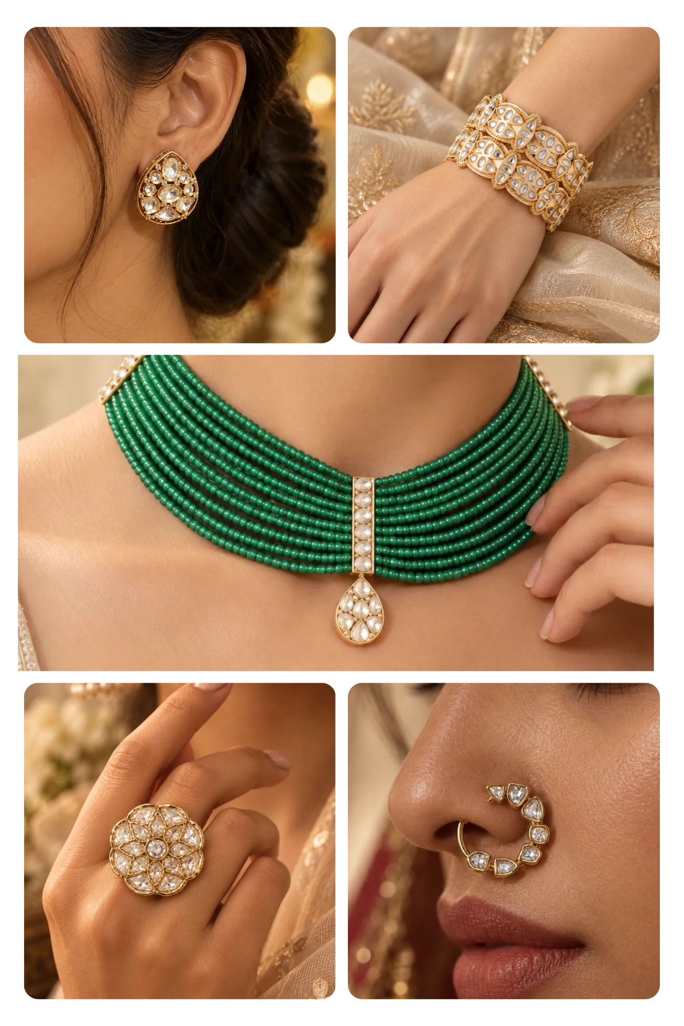 Bottle Green Cascade Combo of 5 – Necklace, Studs, Nose Ring, Ring & Bangles