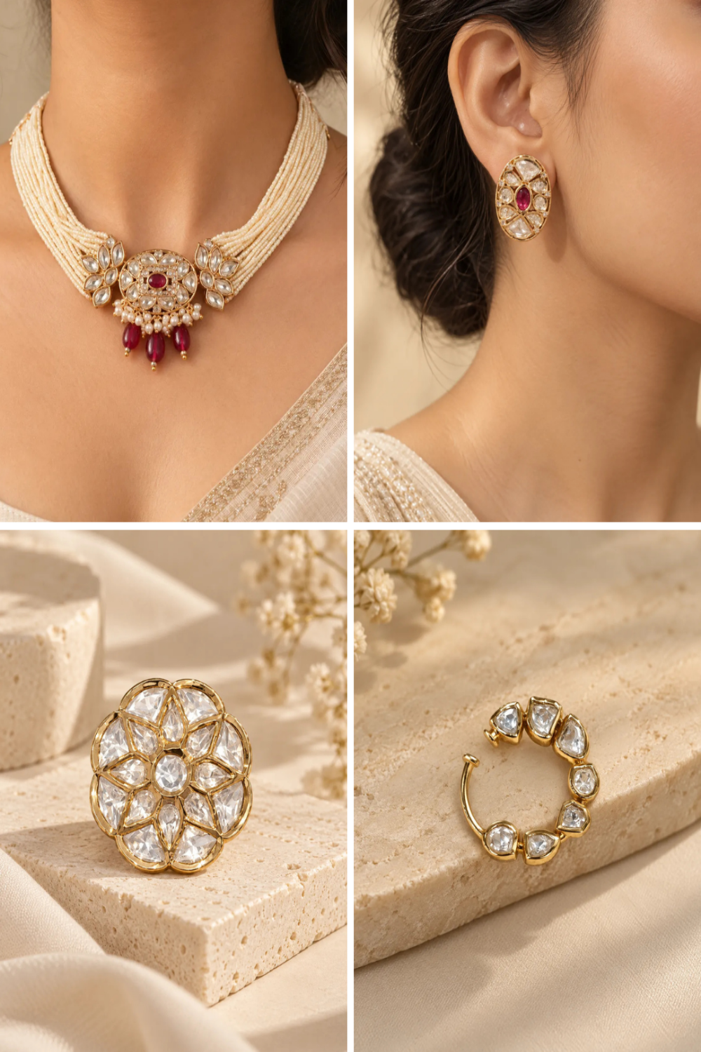 Noor Mahal Combo of 4 – Choker, Studs, Nose Ring & Ring
