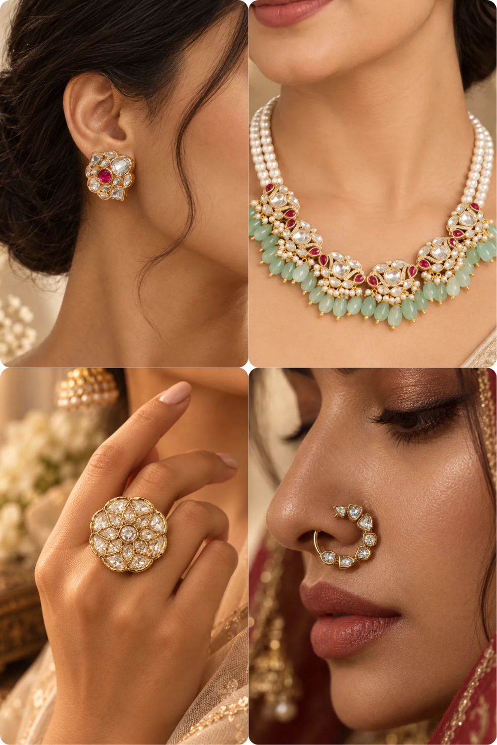 Jade Bloom Combo of 4 – Choker, Studs, Nose Ring & Ring