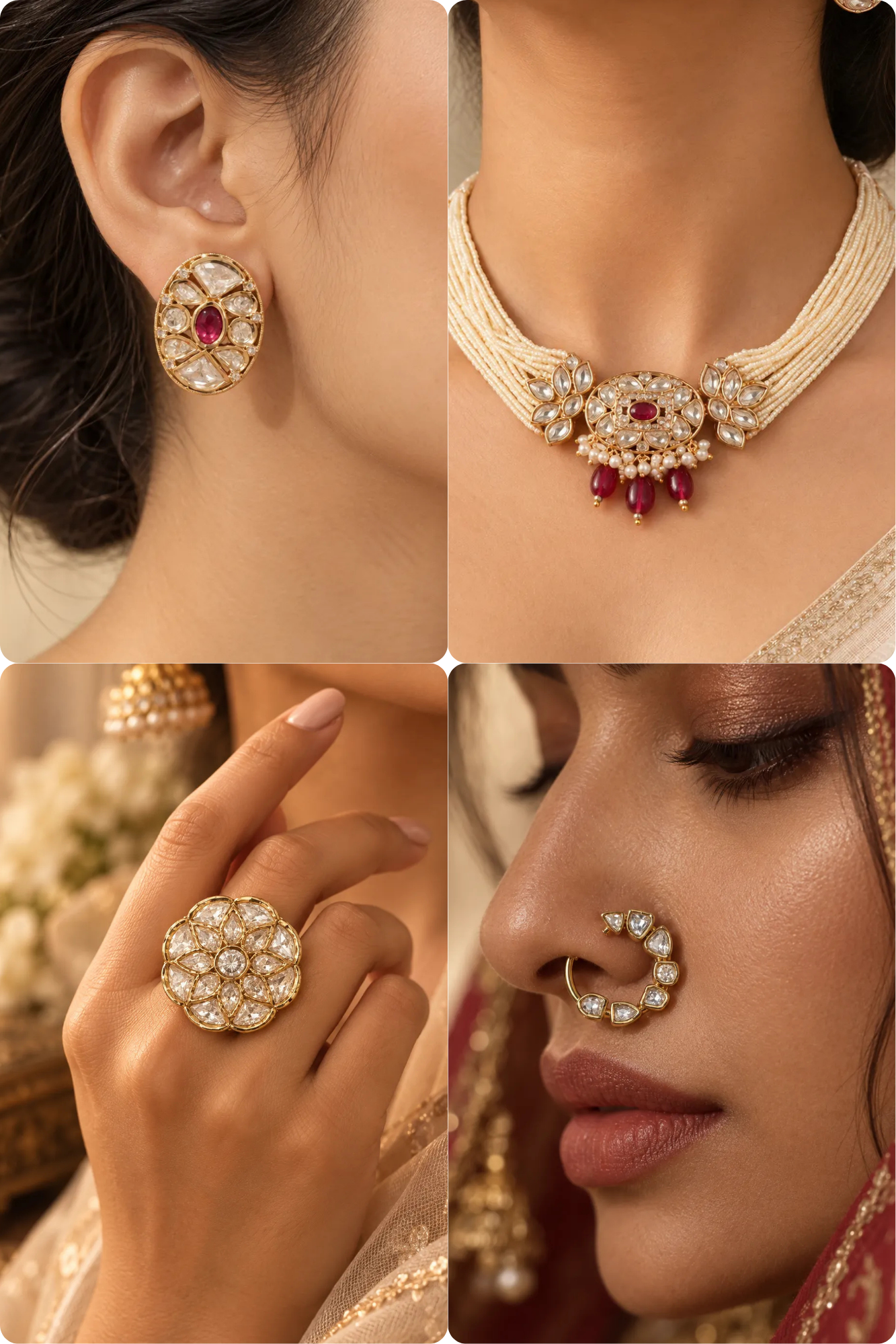 Noor Mahal Combo of 4 – Choker, Studs, Nose Ring & Ring