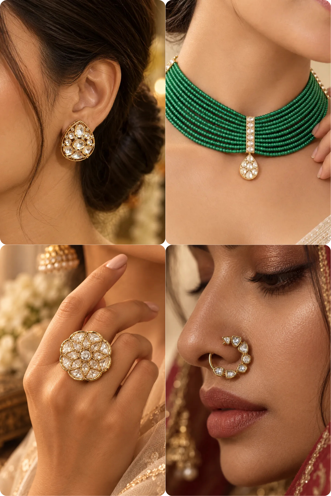 Bottle Green Cascade Combo of 4 – Necklace, Studs, Nose Ring & Ring