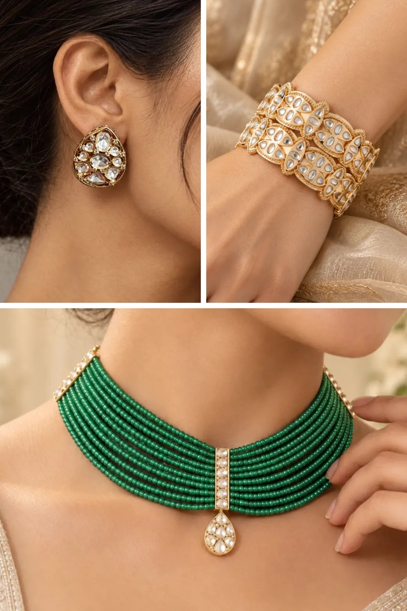 Bottle Green Cascade Combo of 3 – Necklace, Studs & Your Choice