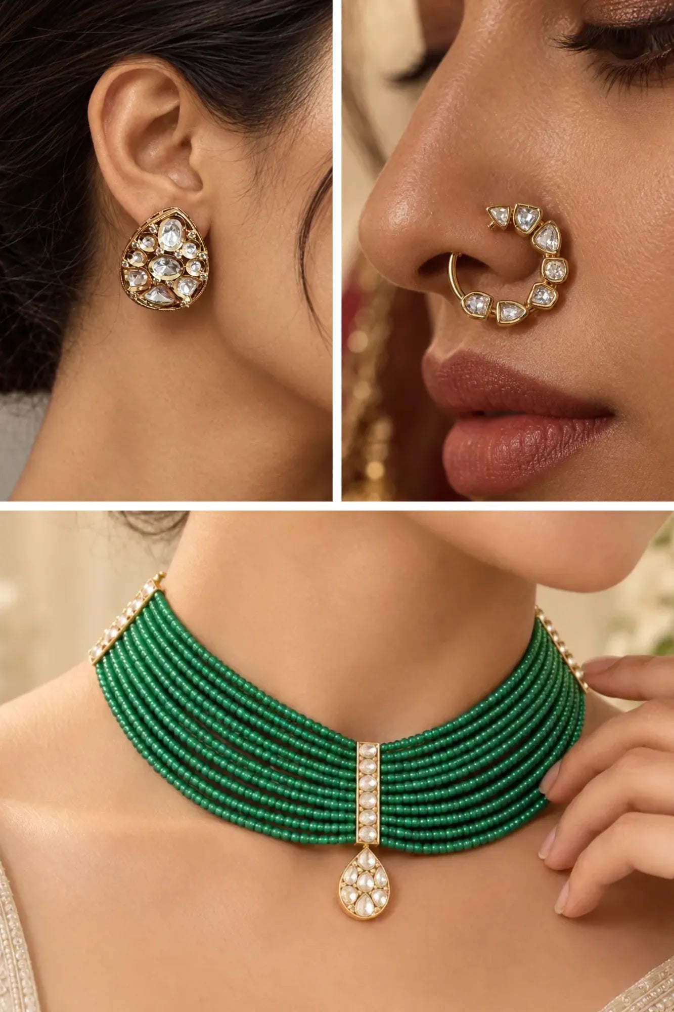 Bottle Green Cascade Combo of 3 – Necklace, Studs & Your Choice