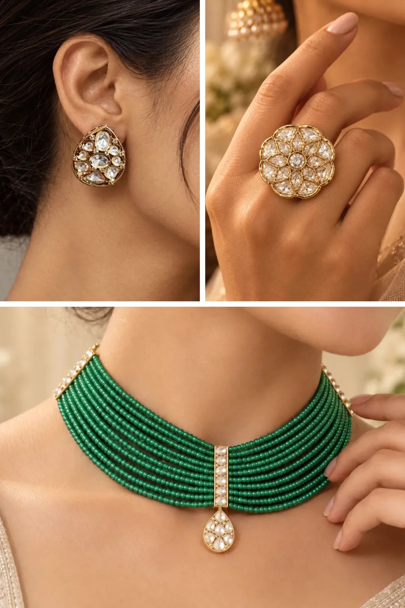 Bottle Green Cascade Combo of 3 – Necklace, Studs & Your Choice