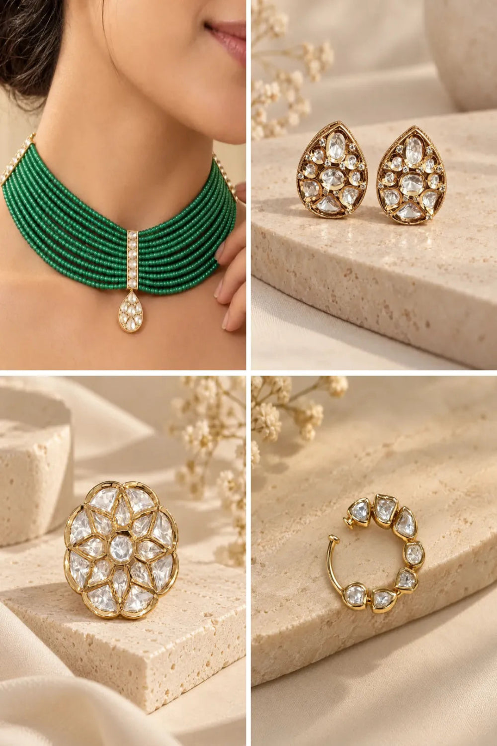 Bottle Green Cascade Combo of 4 – Necklace, Studs, Nose Ring & Ring