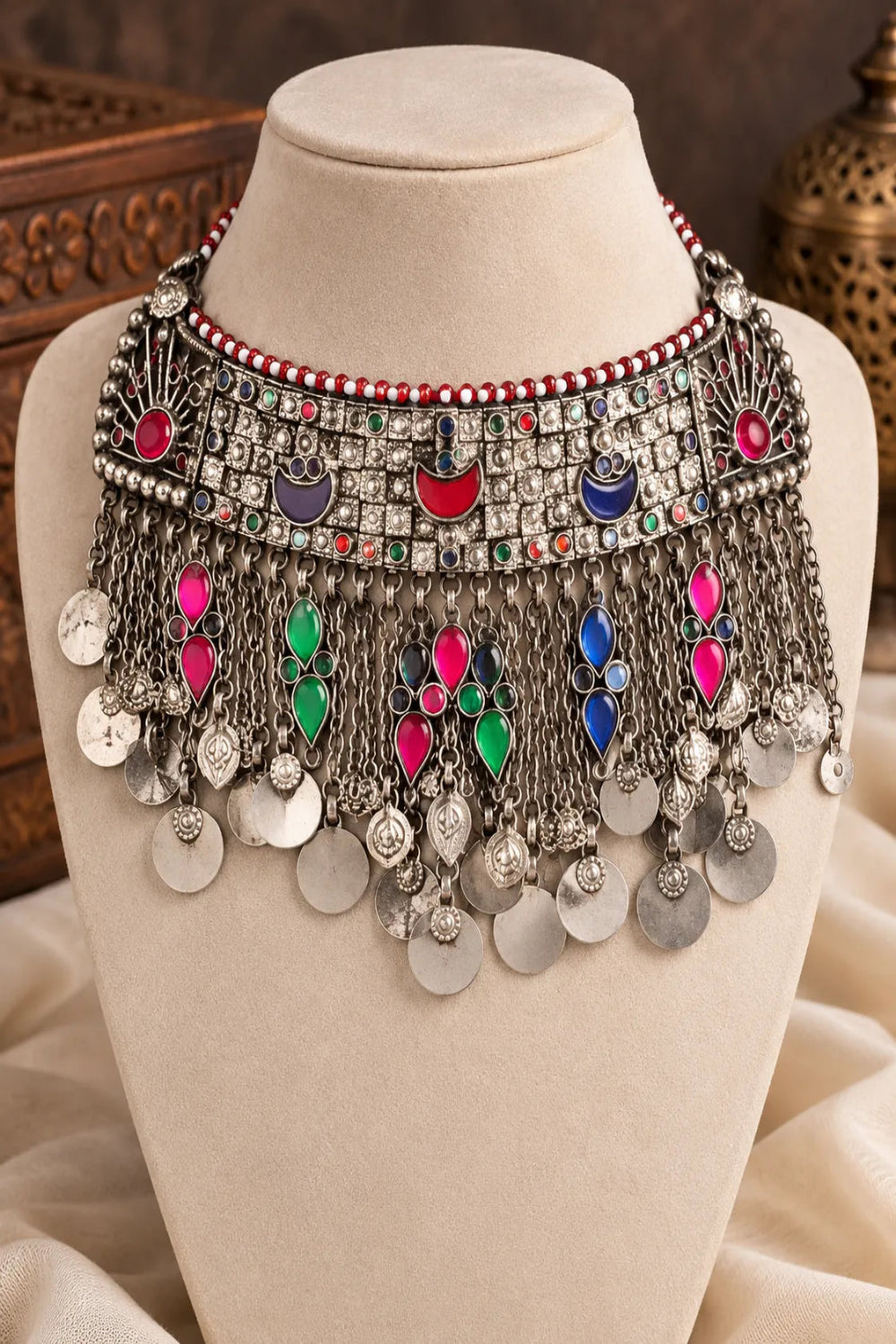 Vintage German Silver Tribal Choker with Crescent Motifs & Coin Fringe