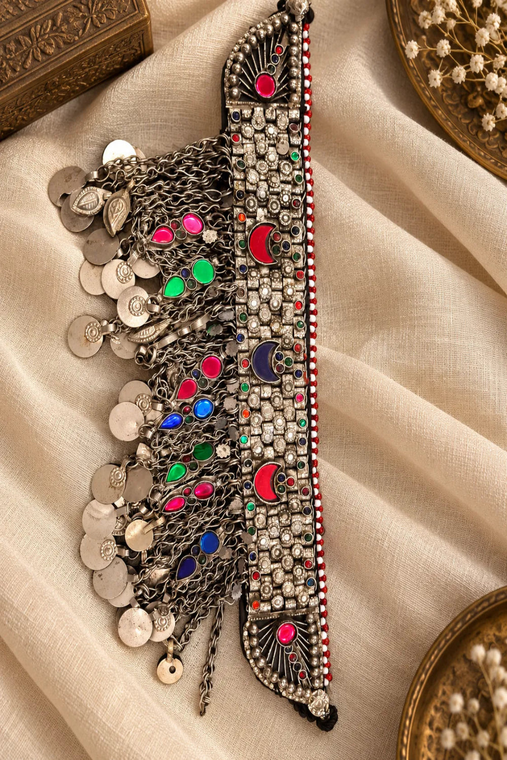 Vintage German Silver Tribal Choker with Crescent Motifs & Coin Fringe