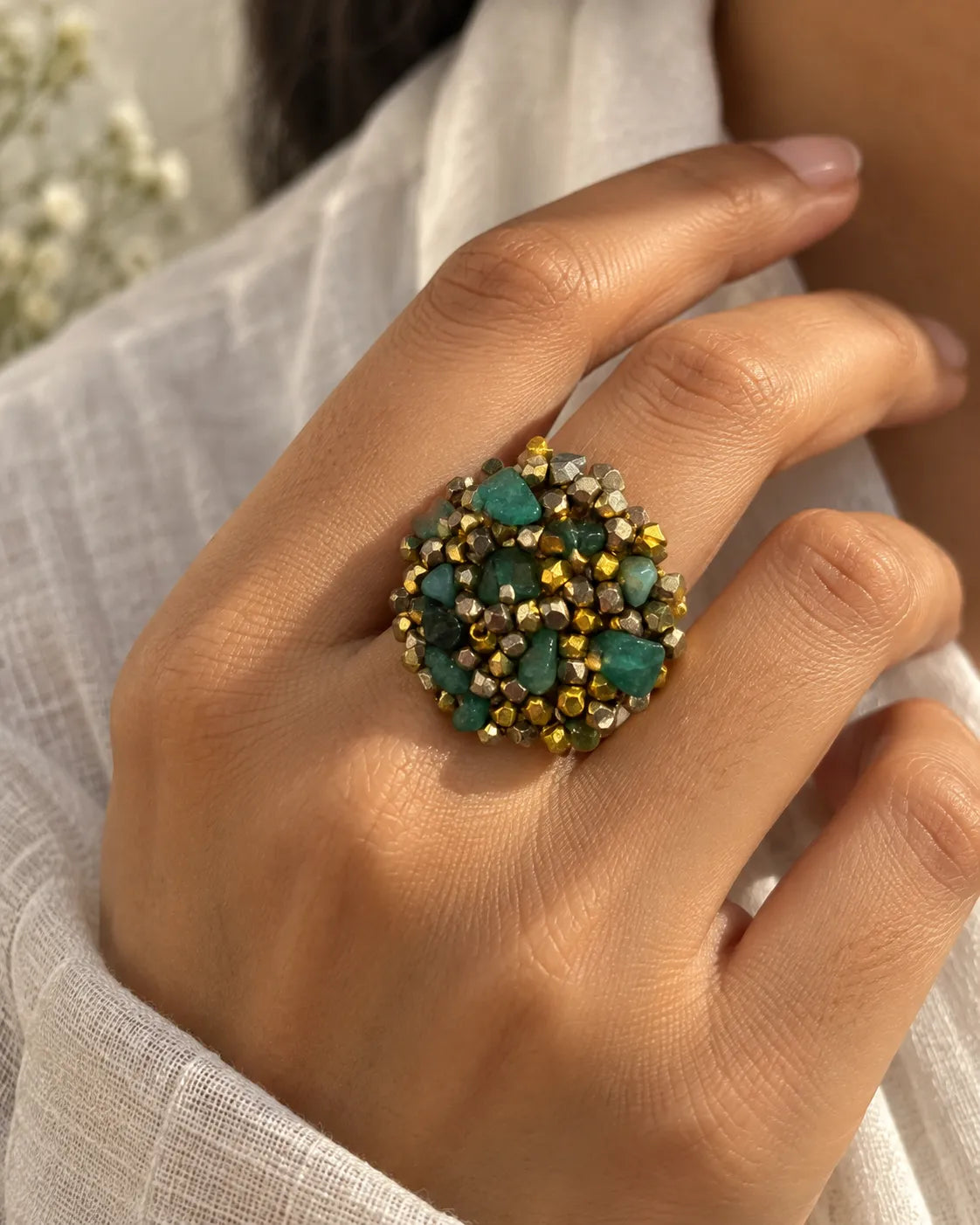 Green Speck Dokra Statement Ring
