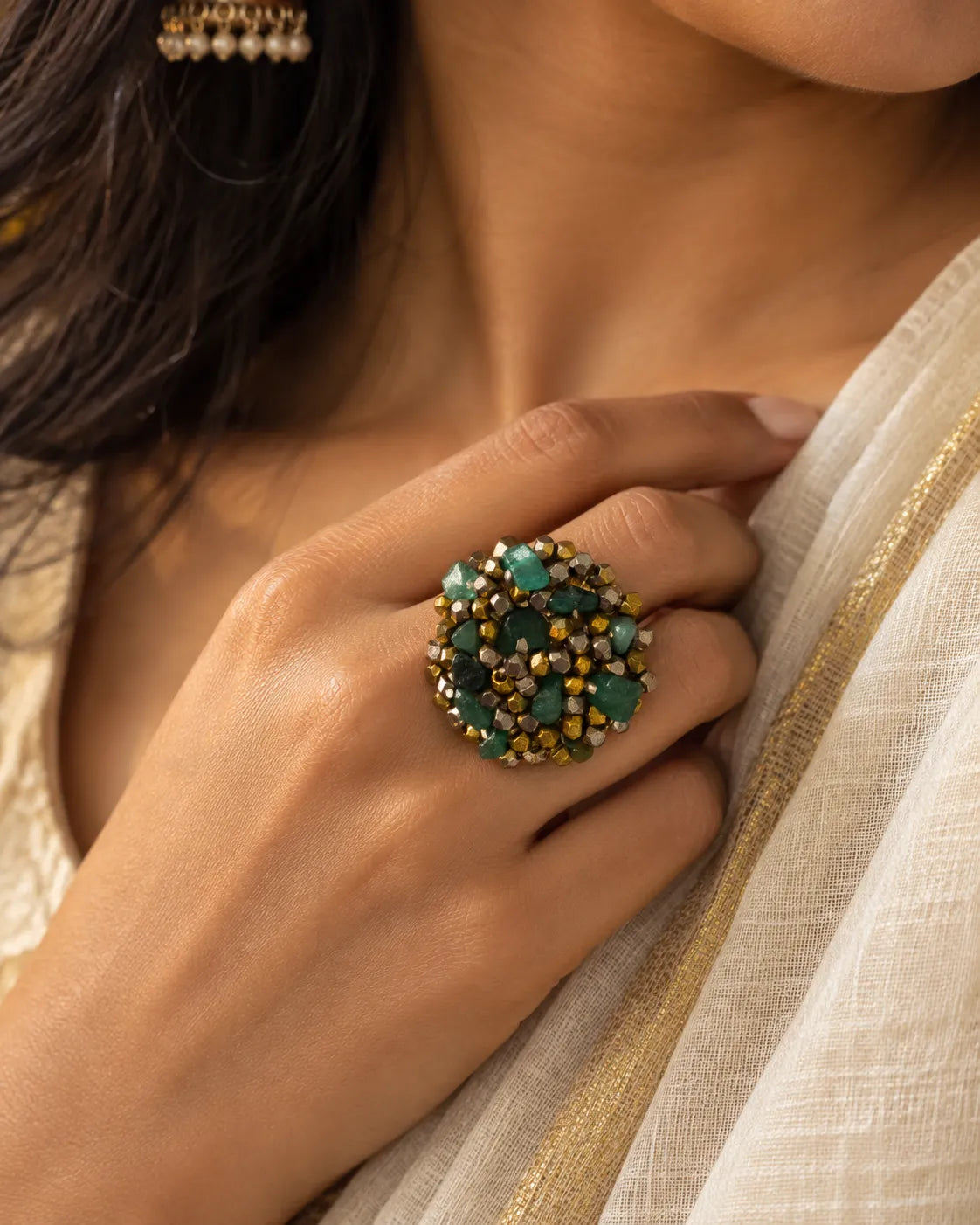 Green Speck Dokra Statement Ring
