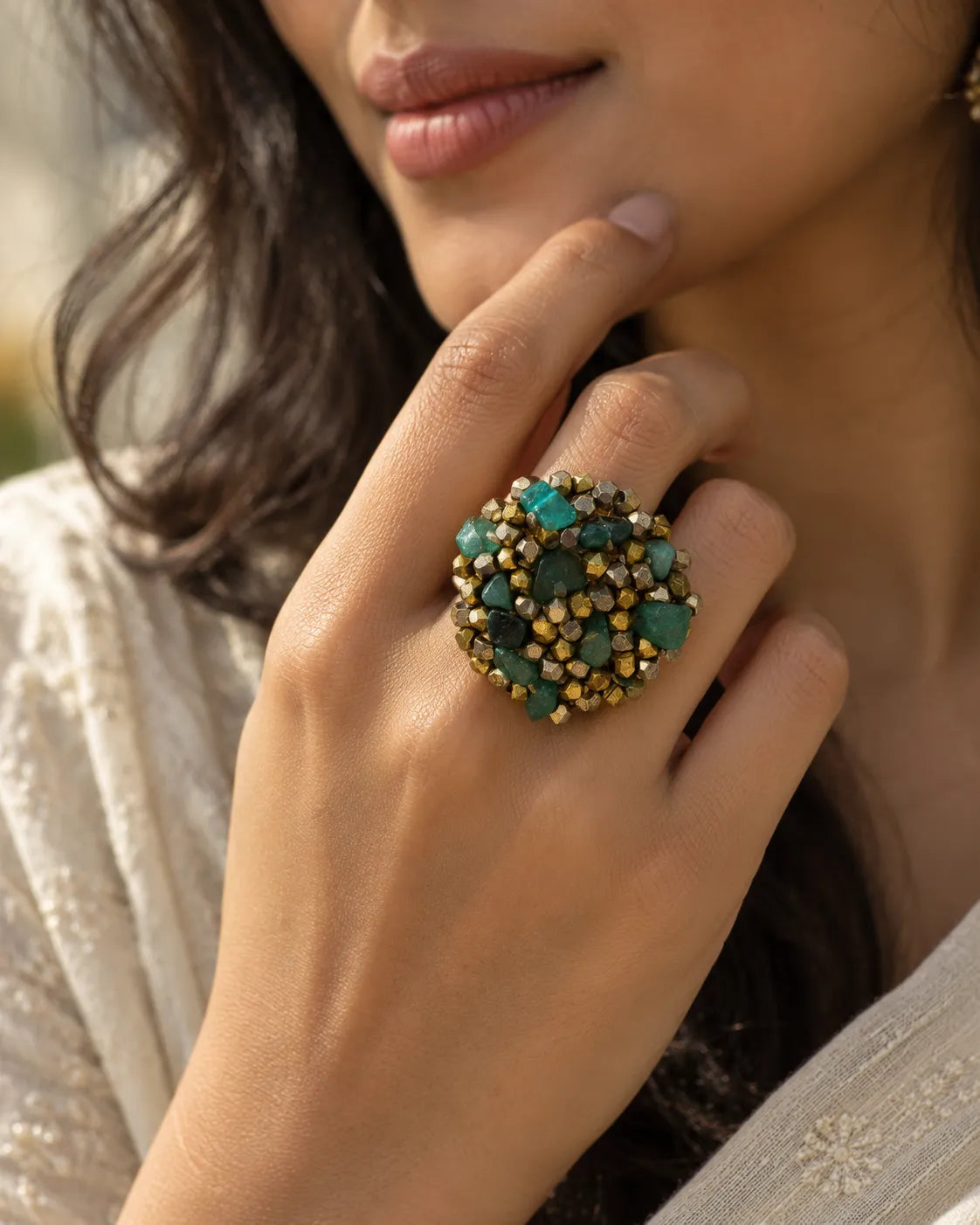 Green Speck Dokra Statement Ring