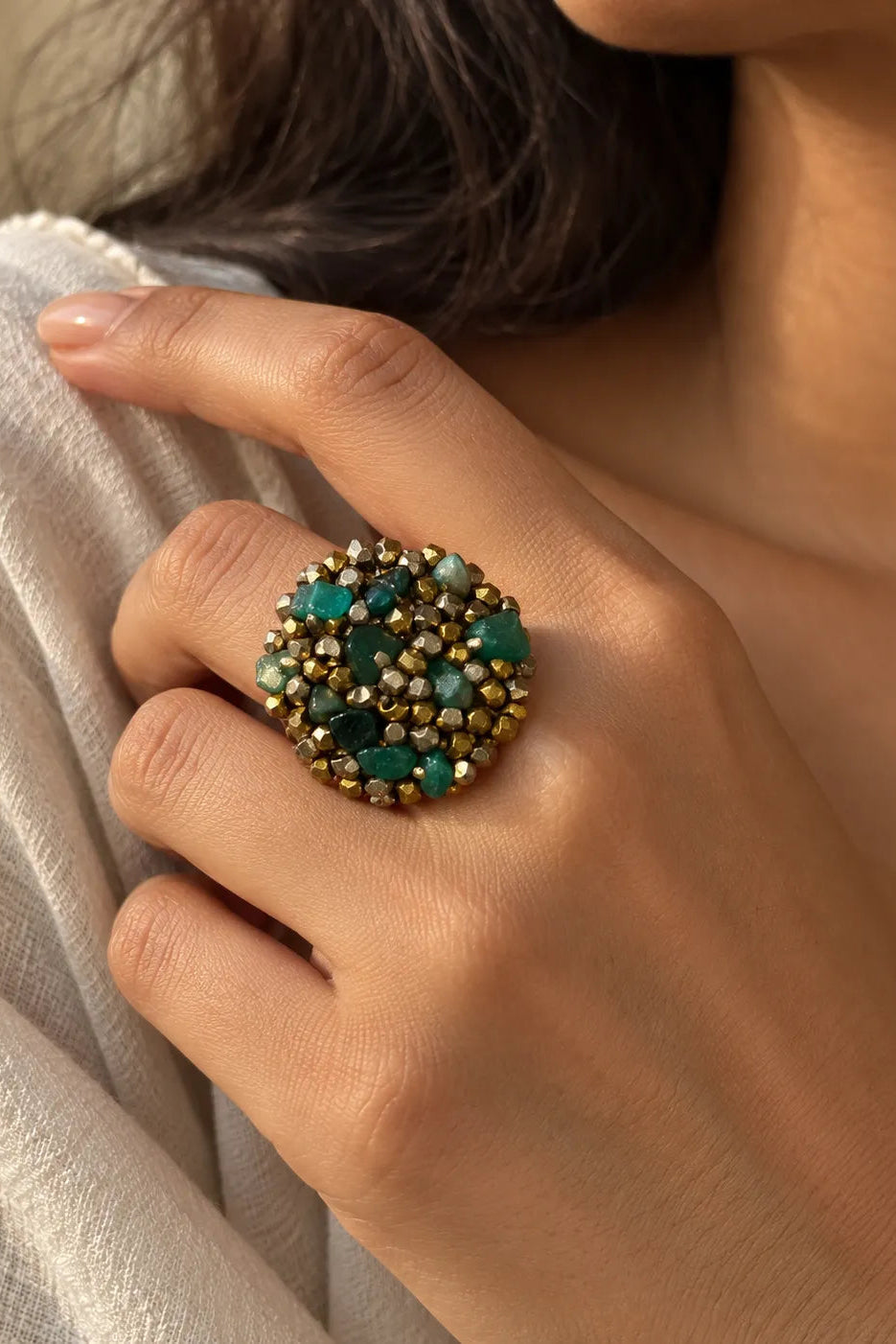 Green Speck Dokra Statement Ring