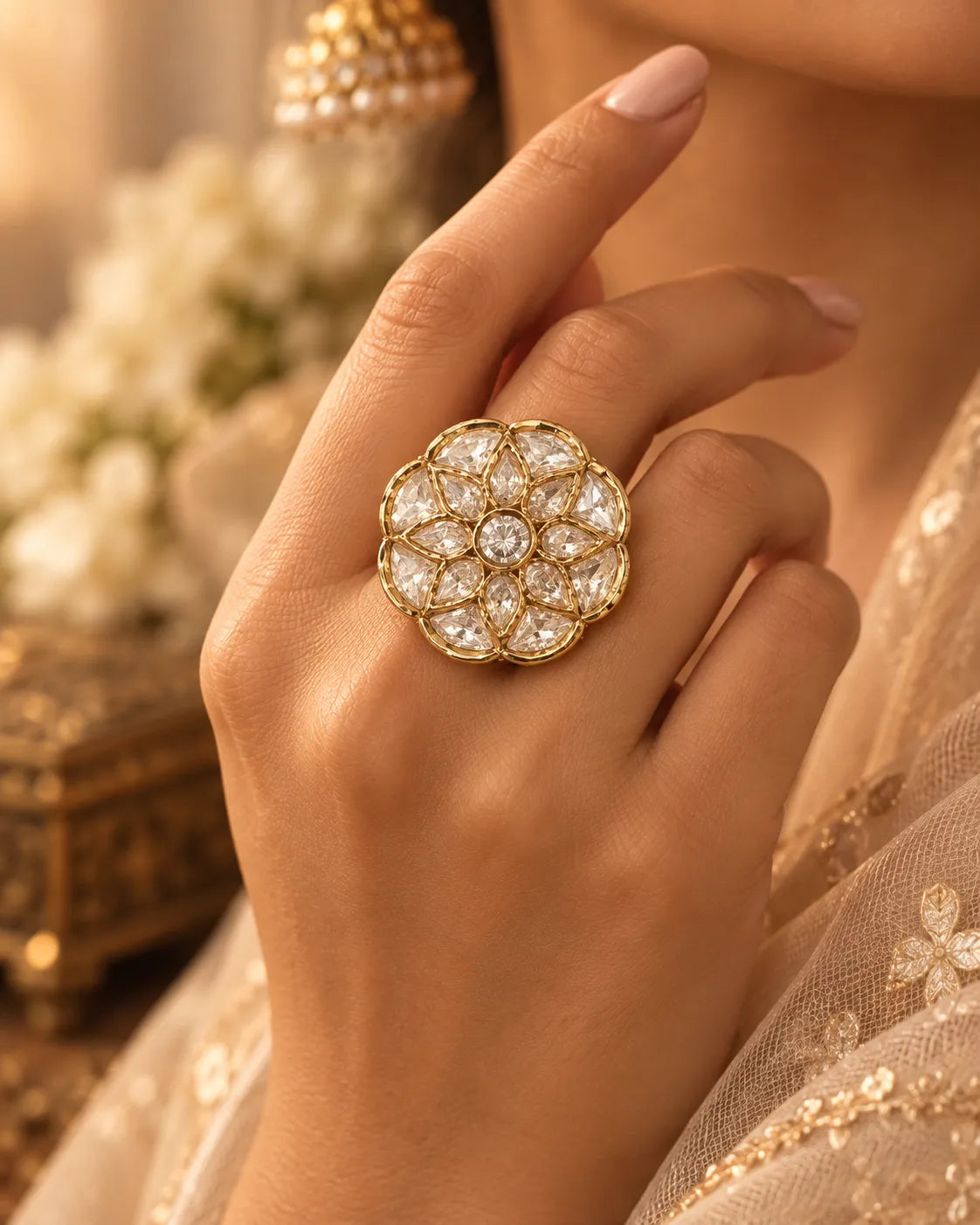 Bloom Floral Clear-Stone Statement Ring