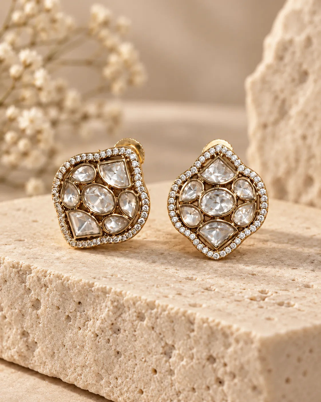 Lock Crest Stone Stud Earrings