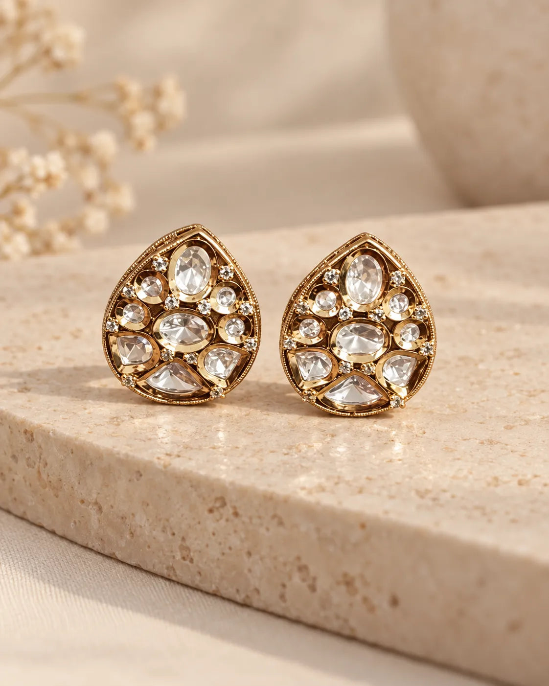 Teardrop Mosaic Clear-Stone Stud Earrings