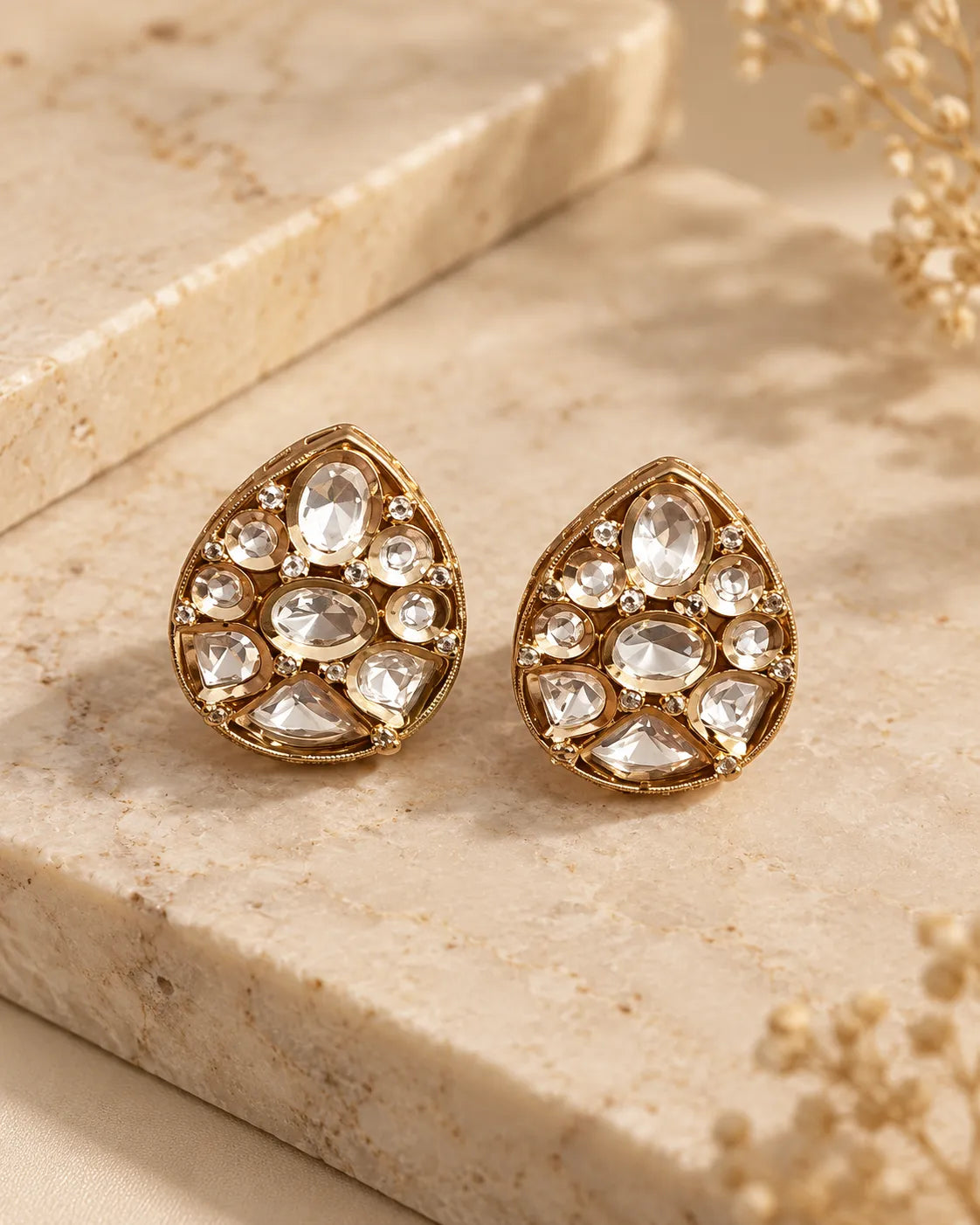 Teardrop Mosaic Clear-Stone Stud Earrings