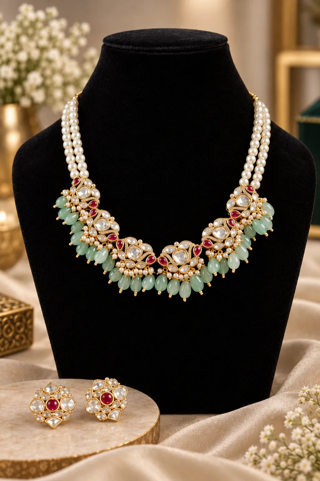 Jade Bloom Combo of 4 – Choker, Studs, Nose Ring & Ring