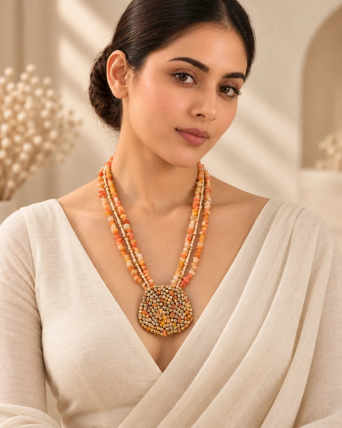 Cluster Mosaic Triple-Layer Dokra Long Necklace