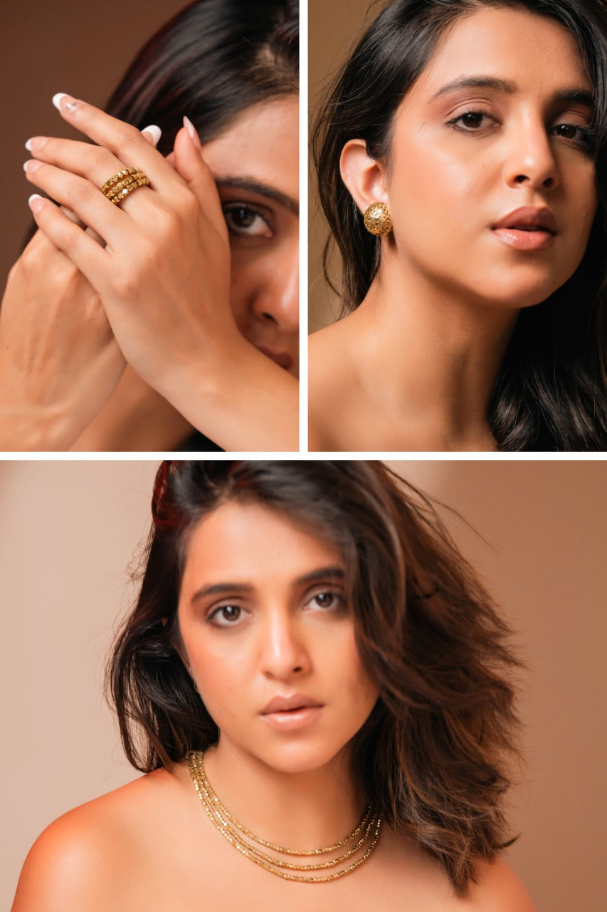 Ruhi Brass Combo Set – Necklace, Studs & Ring