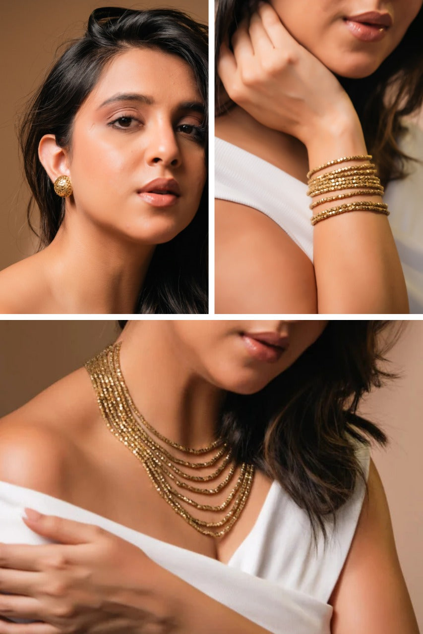 Ruhi Combo – Brass Bracelet, Stud Earrings & 7 Layer Necklace