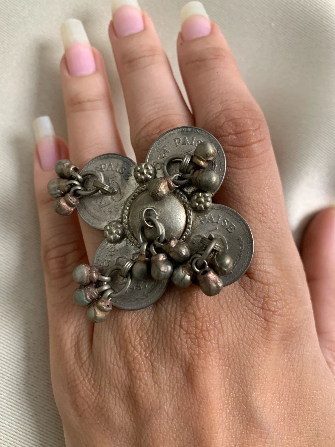 German Silver Char 25 Paise Coin Finger Ring – Handcrafted Vintage Adjustable Ring