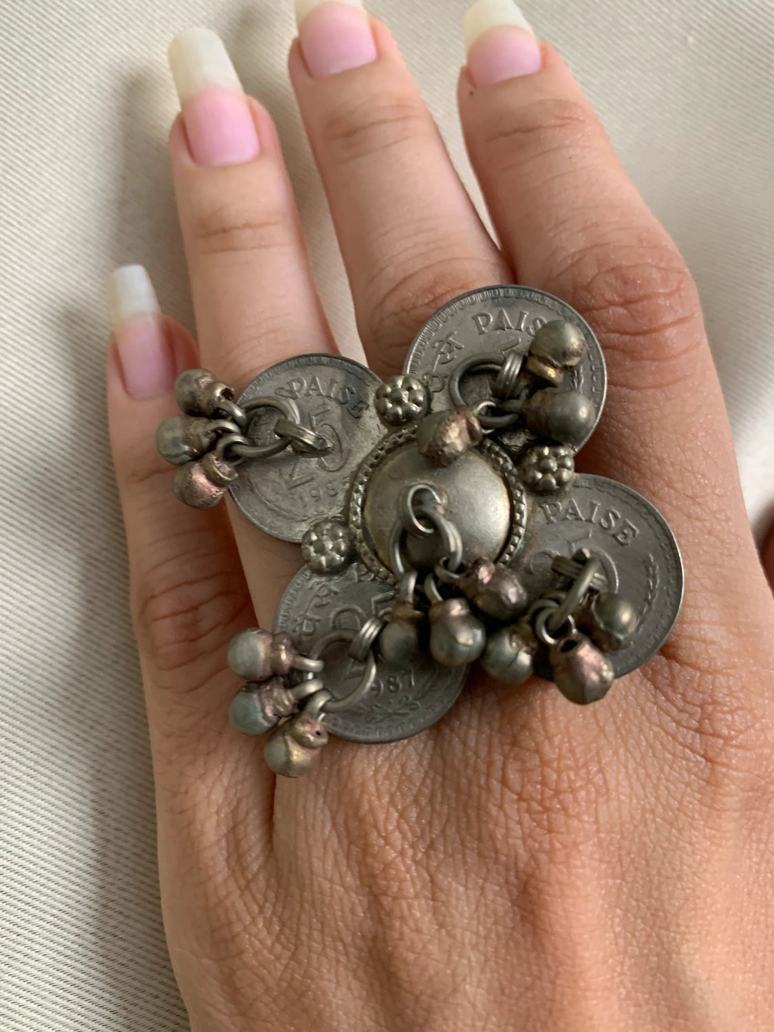 German Silver Char 25 Paise Coin Finger Ring – Handcrafted Vintage Adjustable Ring