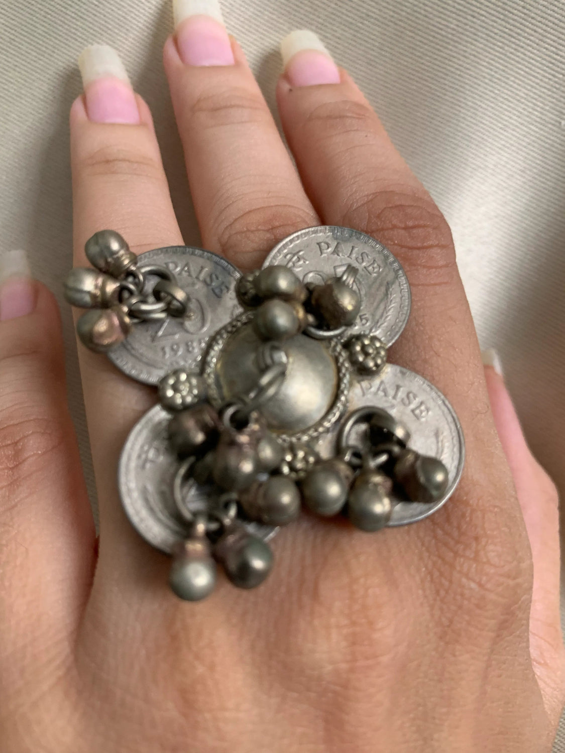 German Silver Char 25 Paise Coin Finger Ring – Handcrafted Vintage Adjustable Ring