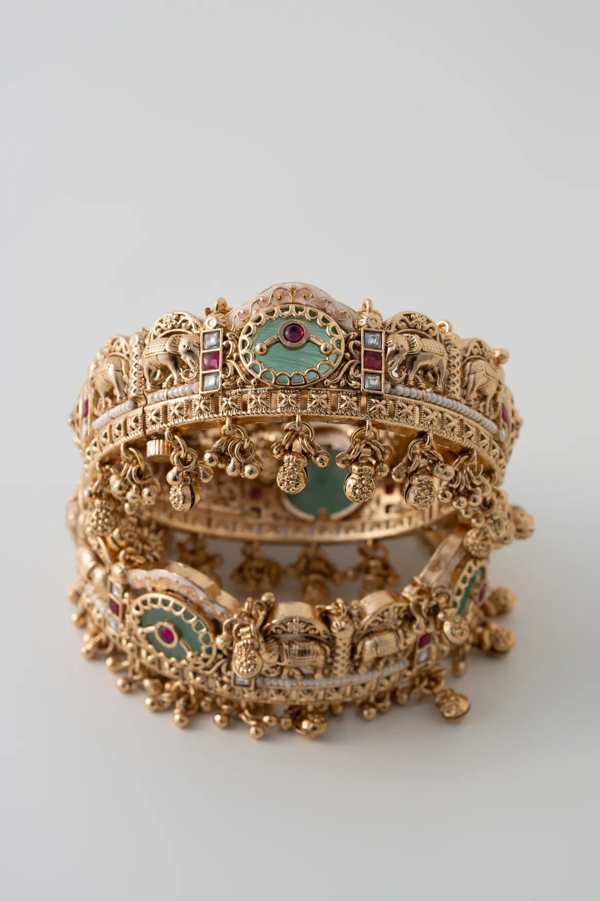 Kundan Temple Charm Bangles – Brass & Stone Gem Detail