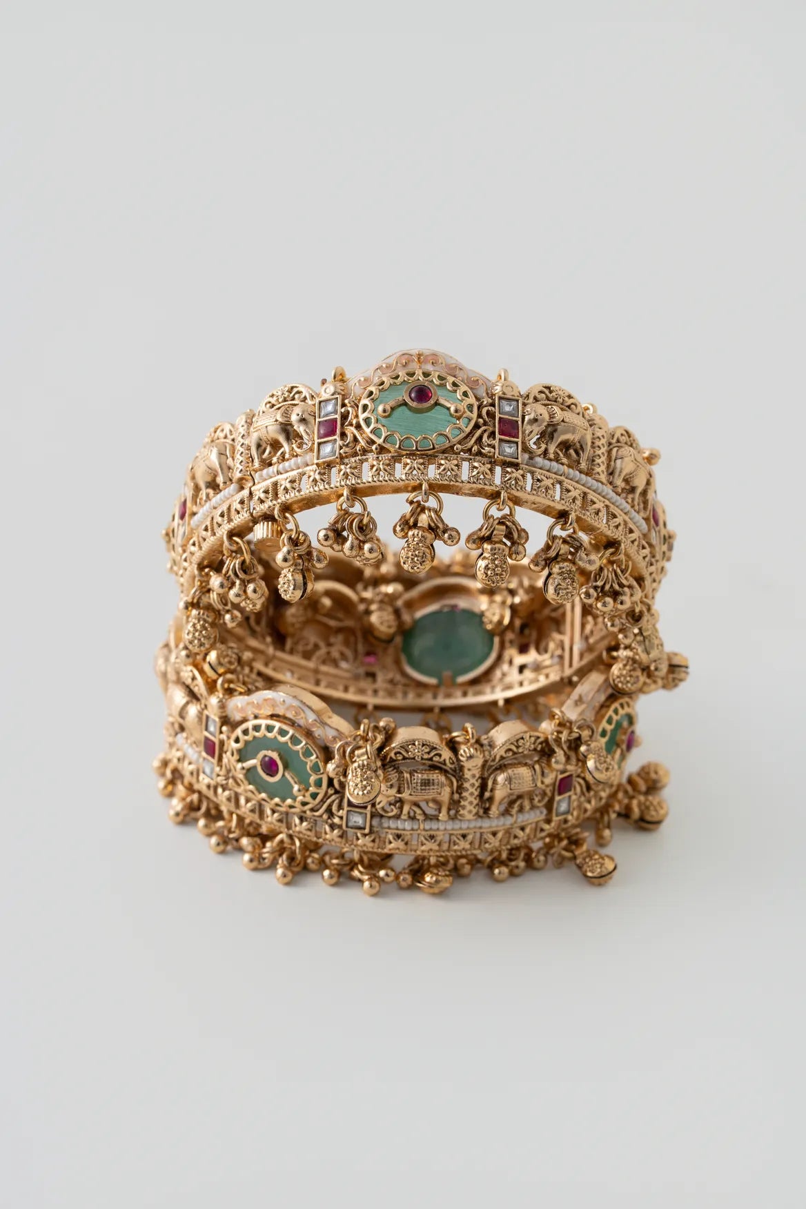 Kundan Temple Charm Bangles – Brass & Stone Gem Detail