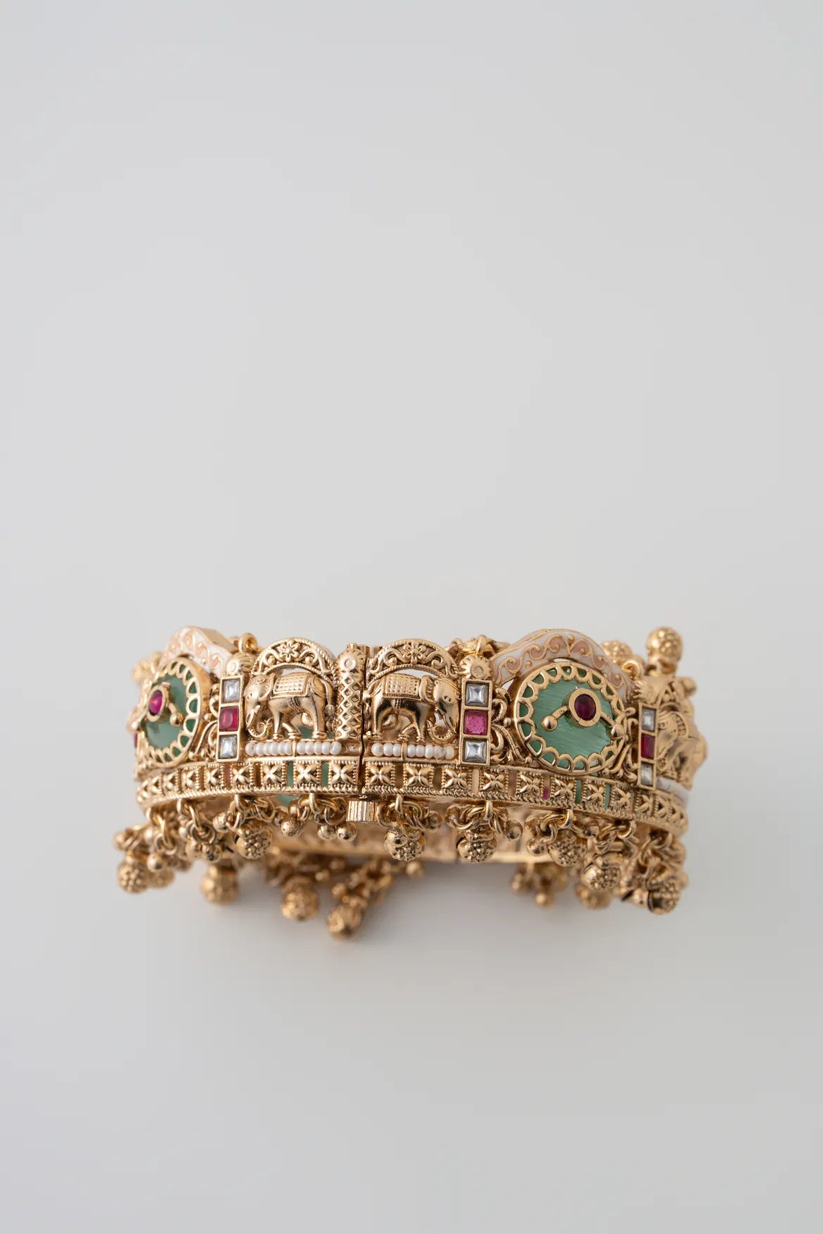 Kundan Temple Charm Bangles – Brass & Stone Gem Detail