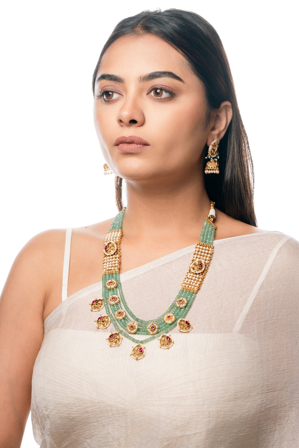 Mint Green Beaded Necklace Set with Gold-Plated Earrings