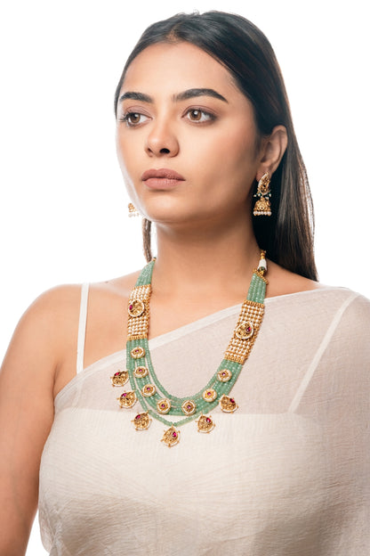 Mint Green Beaded Necklace Set with Gold-Plated Earrings