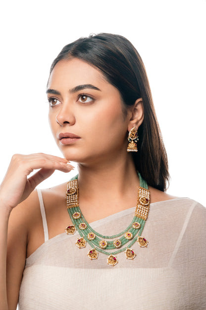 Mint Green Beaded Necklace Set with Gold-Plated Earrings