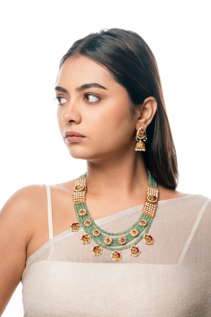 Mint Green Beaded Necklace Set with Gold-Plated Earrings