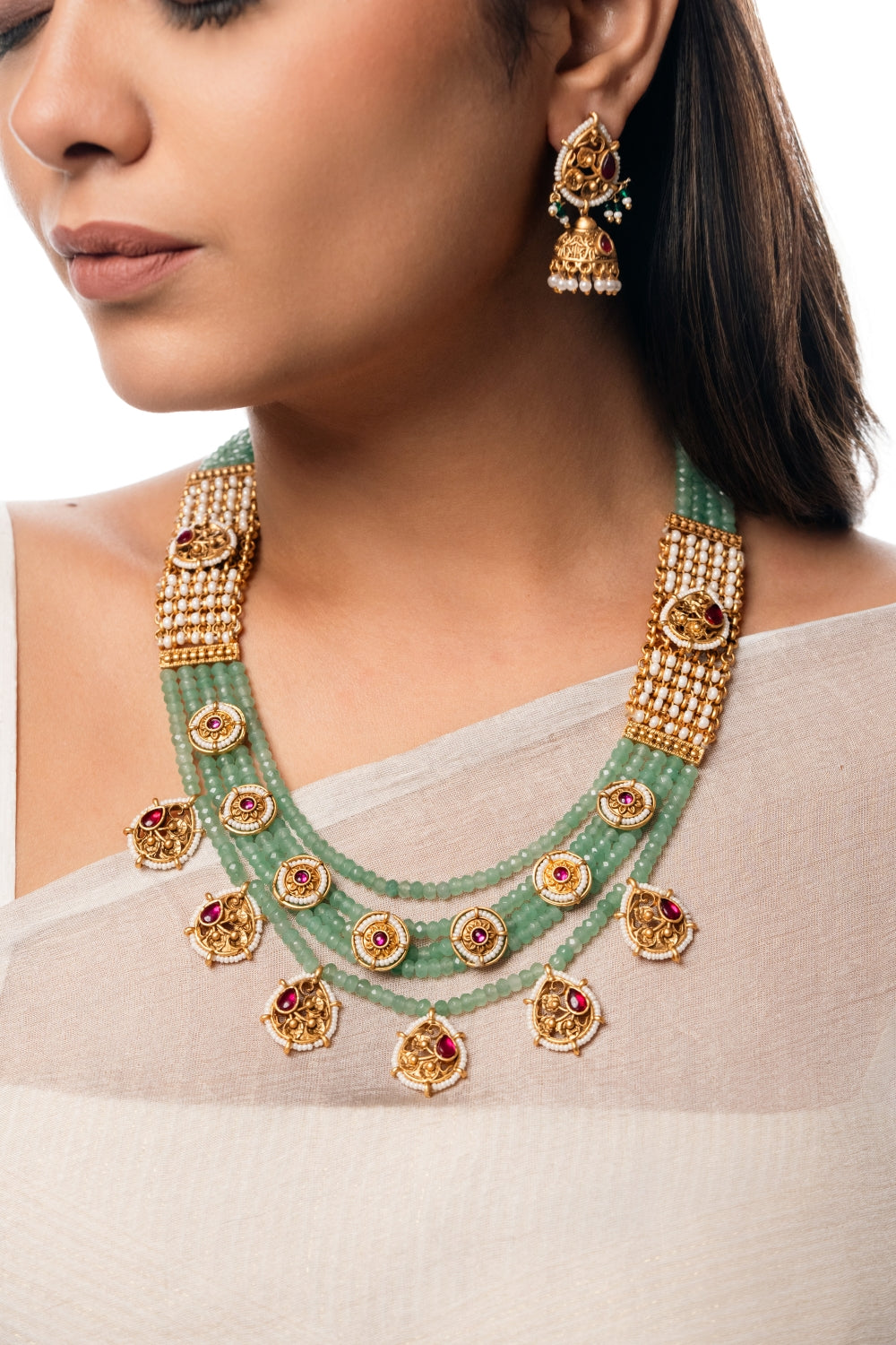 Mint Green Beaded Necklace Set with Gold-Plated Earrings