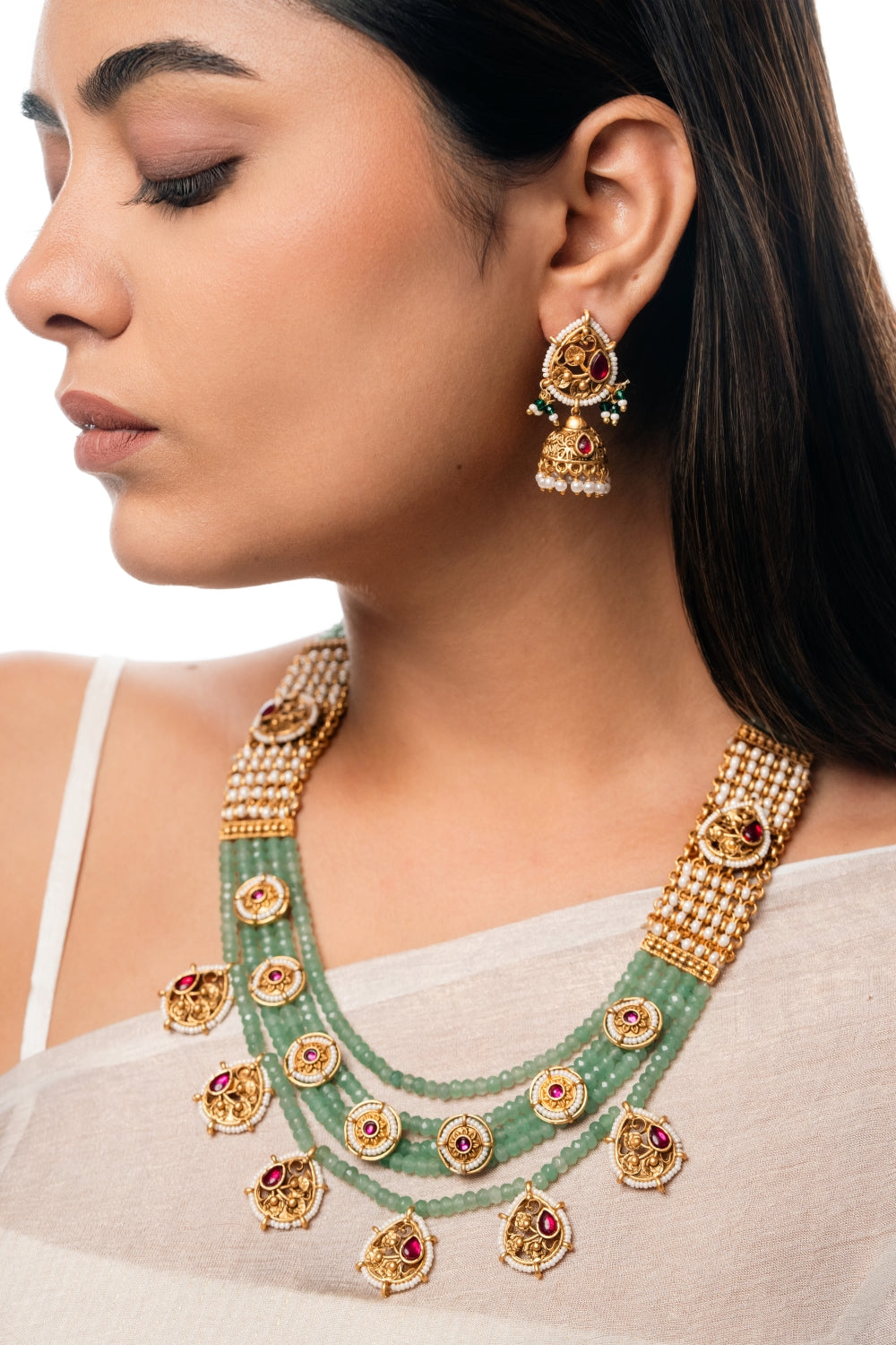 Mint Green Beaded Necklace Set with Gold-Plated Earrings