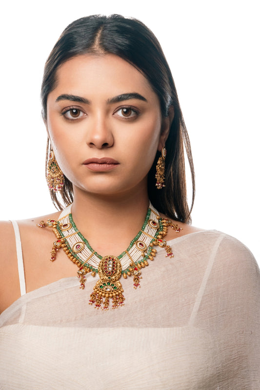 Majestic Kundan Necklace Set with Green Stones & White Beads