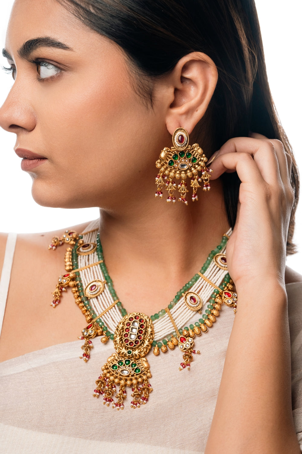 Majestic Kundan Necklace Set with Green Stones & White Beads