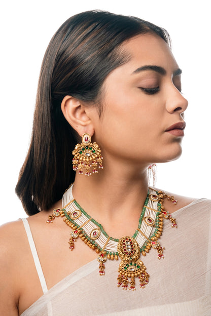 Majestic Kundan Necklace Set with Green Stones & White Beads